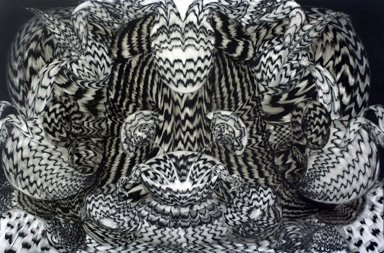 Black and white optical drawing with symmetry that folds inwards