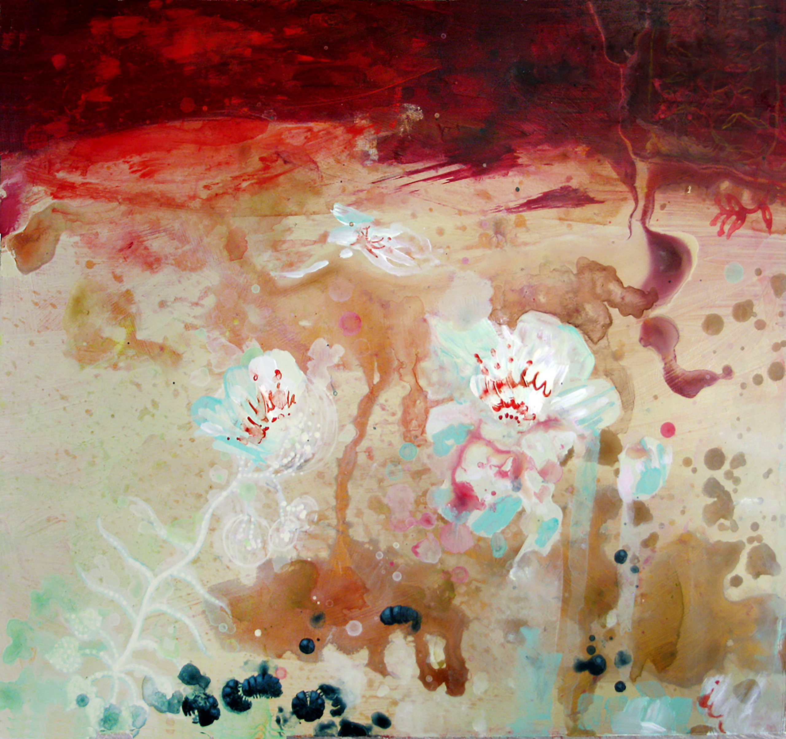 A red landscape with pill bugs and white flowers