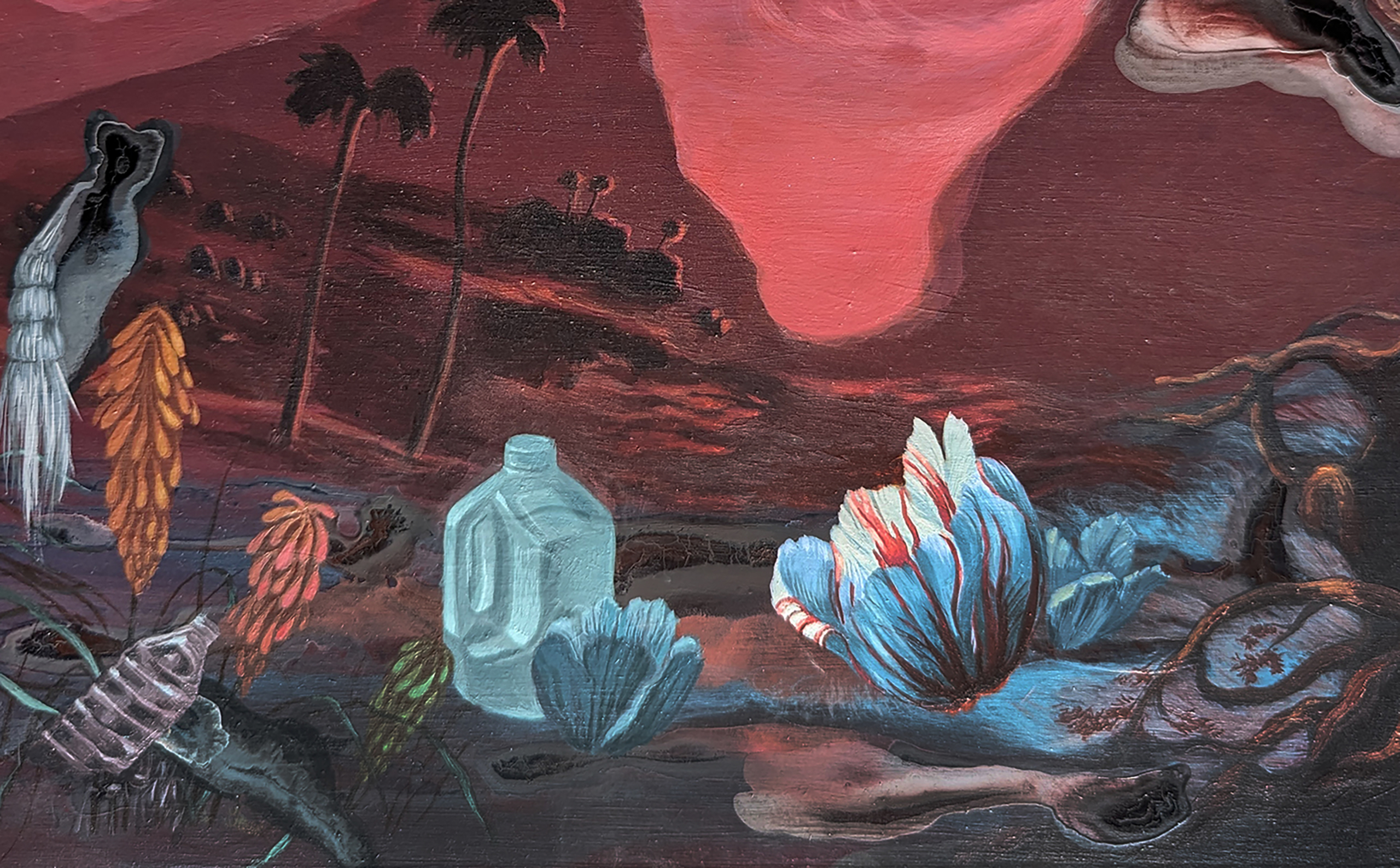 Red landscape with water bottles