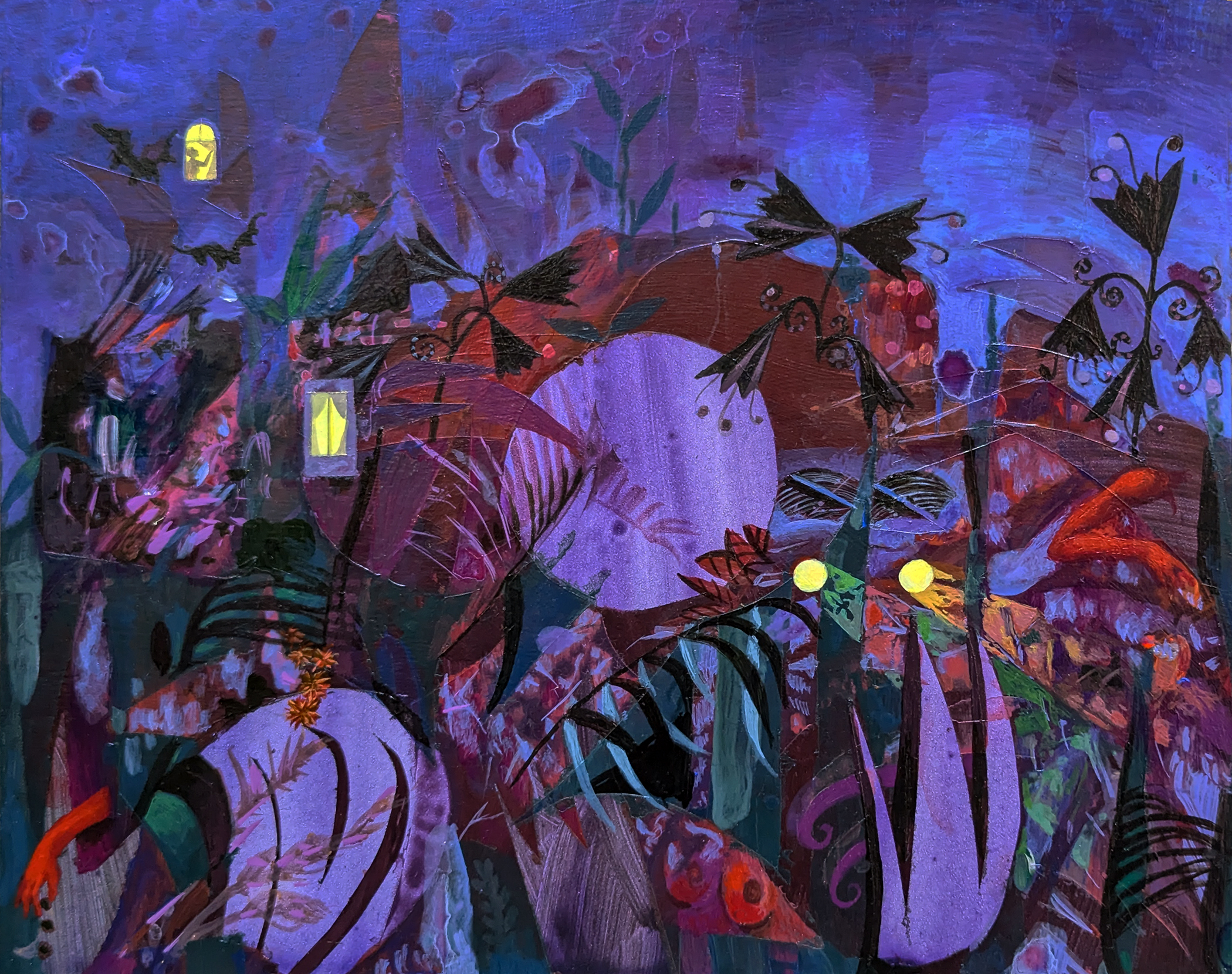 All About Eve purple night scene with yellow windows and organic plants shapes