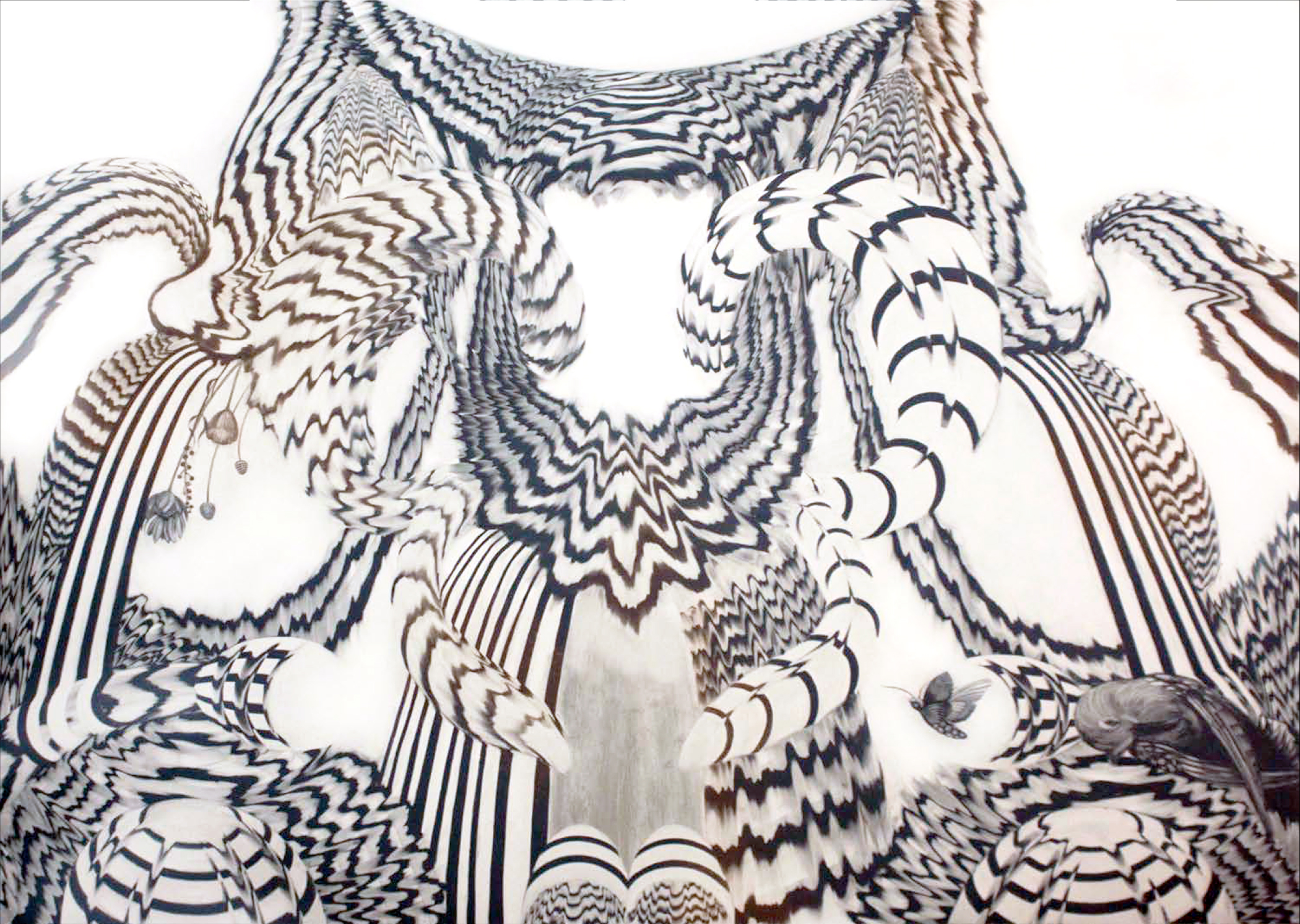 Blue Sonnet Birds and ribbons pour like a river in a symmetrical pattern.